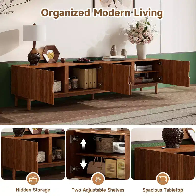 Meuble TV de 221 cm pour téléviseurs jusqu'à 228 cm, console média avec 4 compartiments, pieds en bois massif et panneau à rainures verticales