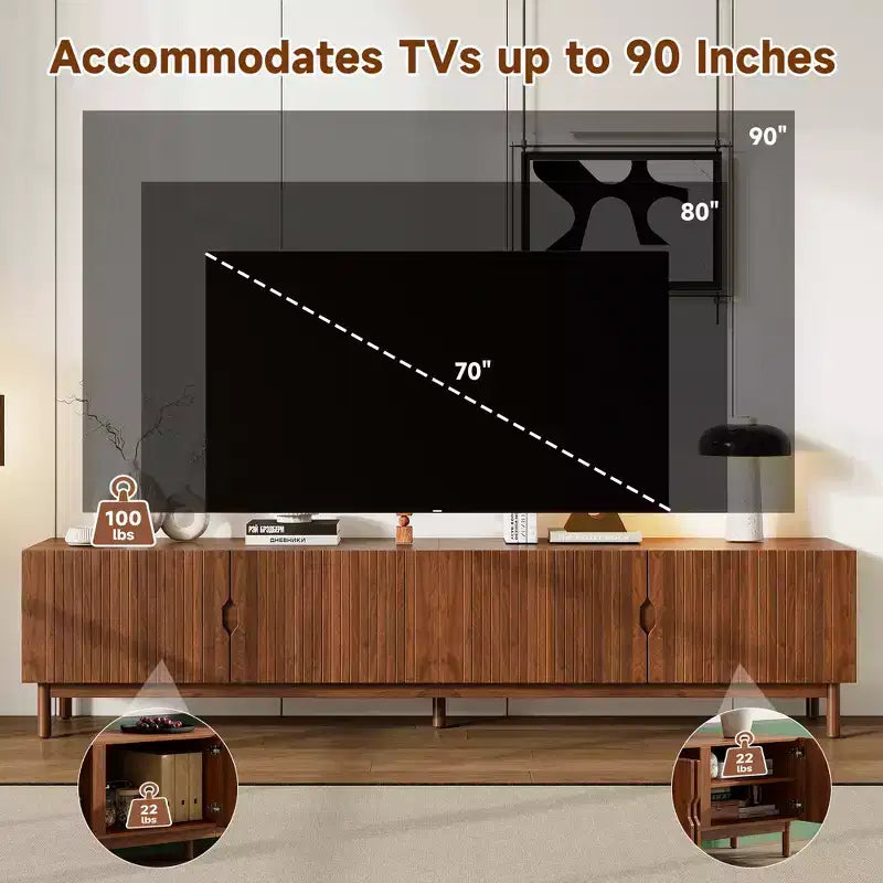 Meuble TV de 221 cm pour téléviseurs jusqu'à 228 cm, console média avec 4 compartiments, pieds en bois massif et panneau à rainures verticales