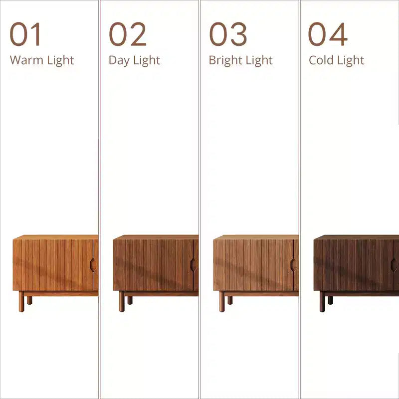Meuble TV de 221 cm pour téléviseurs jusqu'à 228 cm, console média avec 4 compartiments, pieds en bois massif et panneau à rainures verticales