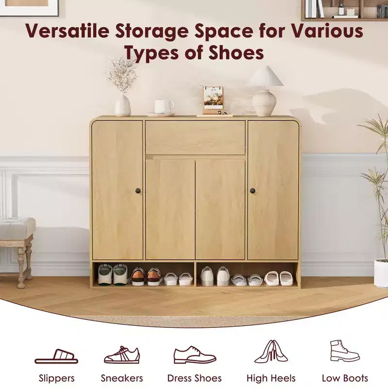 Meuble à chaussures de 120 cm de large avec 4 portes et 1 tiroir, meuble de rangement pour chaussures d'entrée, de salon ou de chambre à coucher