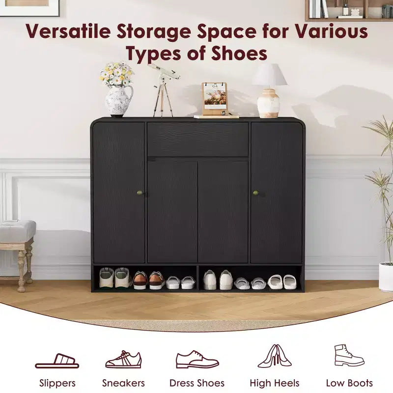 Meuble à chaussures de 120 cm de large avec 4 portes et 1 tiroir, meuble de rangement pour chaussures d'entrée, de salon ou de chambre à coucher