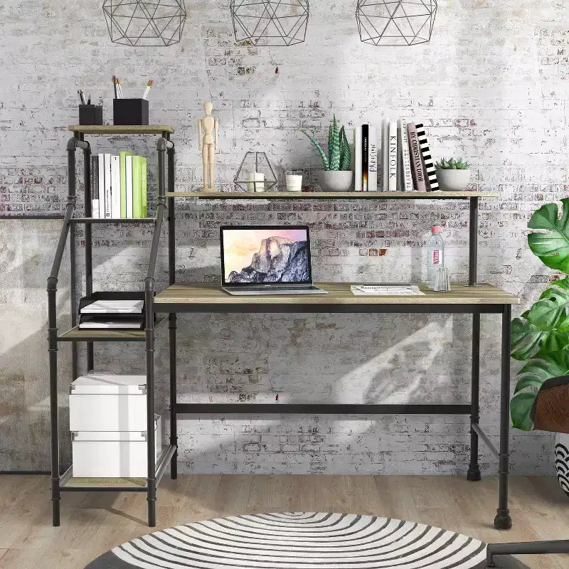 Bureau industriel Phil avec bibliothèque réversible et éclairage LED - miBasics
