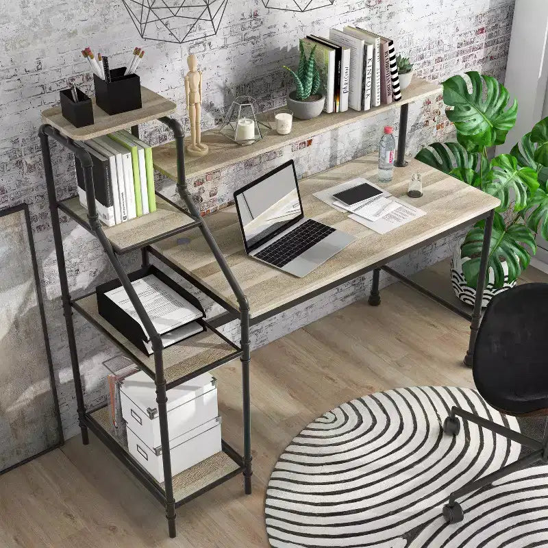 Bureau industriel Phil avec bibliothèque réversible et éclairage LED - miBasics