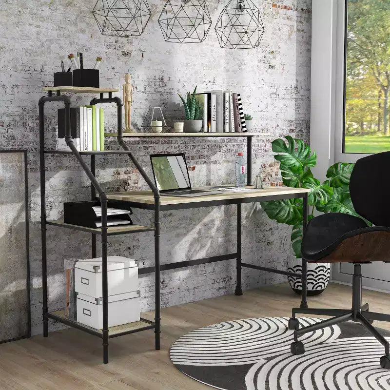 Bureau industriel Phil avec bibliothèque réversible et éclairage LED - miBasics