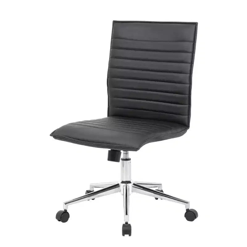 Fauteuil de bureau sans accoudoirs en vinyle noir, réglable en hauteur avec mécanisme d'inclinaison à ressort