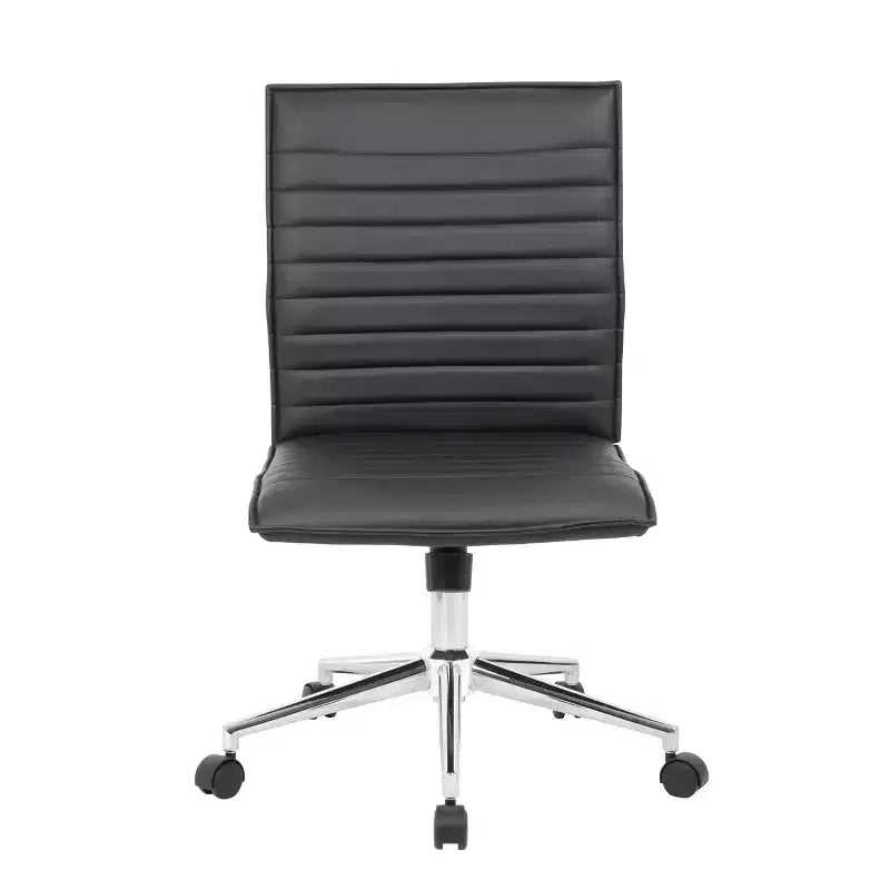 Fauteuil de bureau sans accoudoirs en vinyle noir, réglable en hauteur avec mécanisme d'inclinaison à ressort
