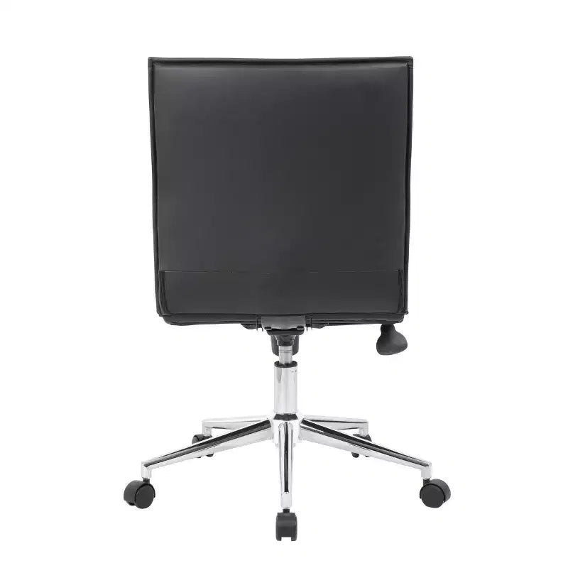 Fauteuil de bureau sans accoudoirs en vinyle noir, réglable en hauteur avec mécanisme d'inclinaison à ressort