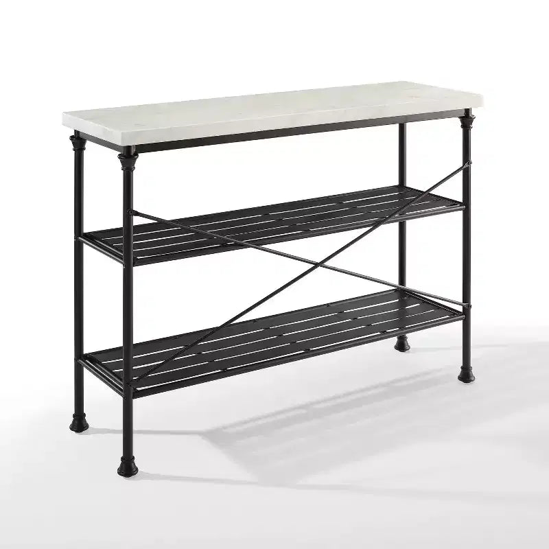 Console noire mate, style industriel français avec étagères ouvertes