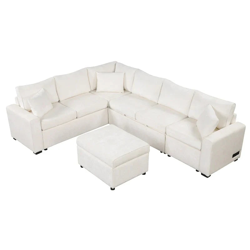 Canapé d'angle en chenille convertible, canapé-lit en forme de L avec pouf de rangement, 3 oreillers et dispositifs de charge