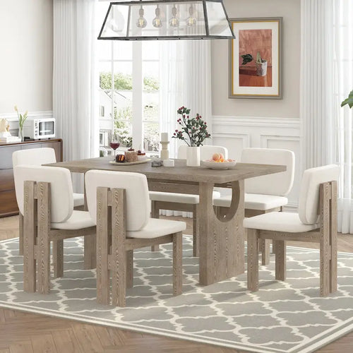 Ensemble table à manger 7 pièces, ensemble de table de cuisine en bois massif avec table rectangulaire, base en tréteaux design et 6 chaises rembourrées