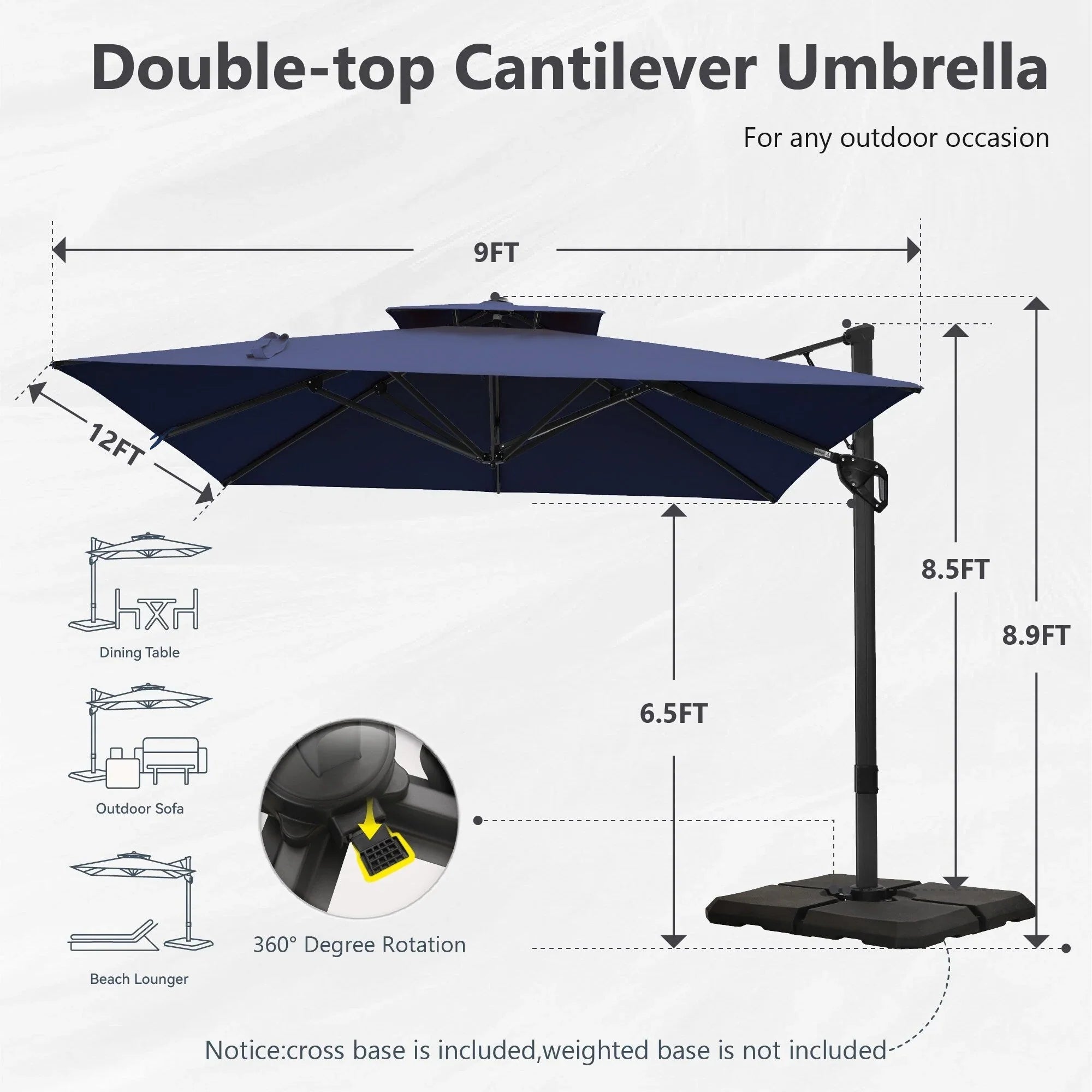 MAISON ARTS Parasol déporté hydraulique automatique 3,6 m avec mât en aluminium et rotation à 360 degrés