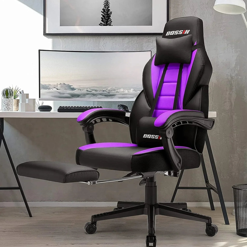 Chaise de jeu style course BOSSIN, fauteuil gamer grande taille 300 lb, chaise d'ordinateur à dossier haut