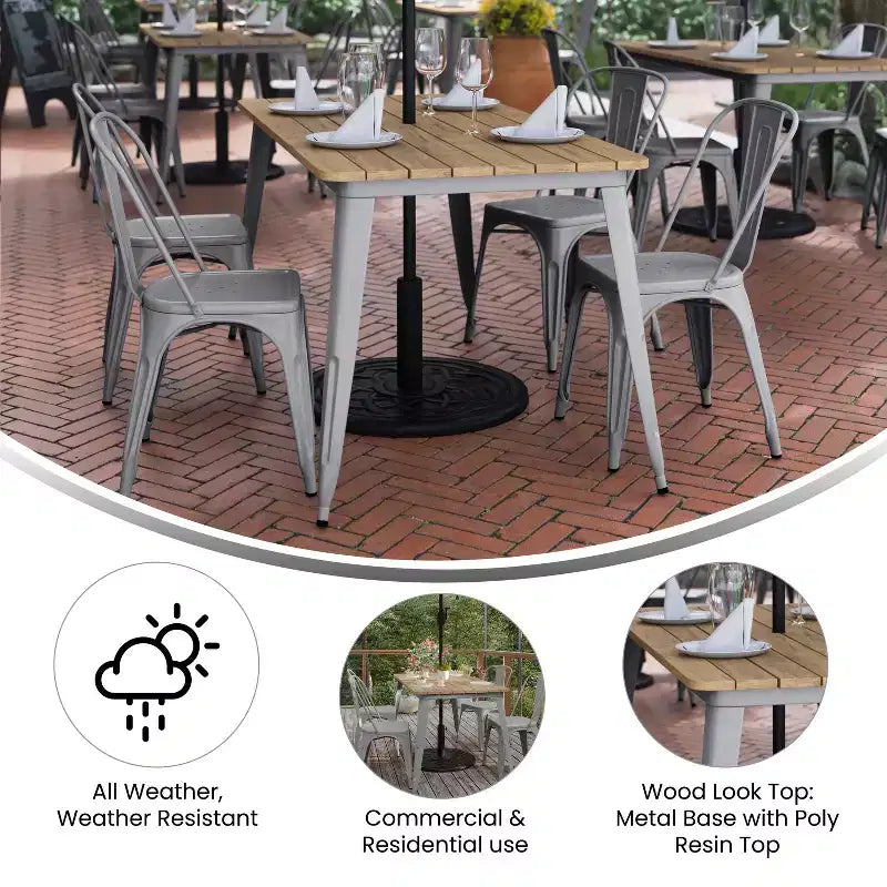 Flash Furniture Declan, table de salle à manger commerciale intérieure/extérieure avec trou pour parasol, plateau en polyrésine toutes saisons 30 x 60 et base en acier