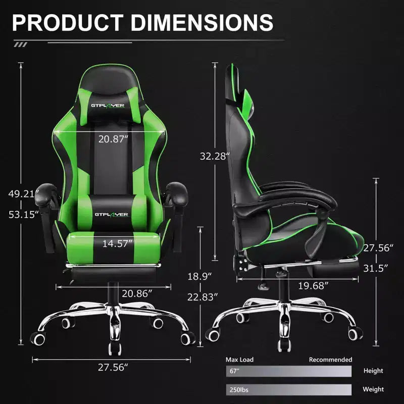 Chaise de gaming avec repose-pieds et oreiller de massage lombaire ergonomique en cuir PU - GTRACING