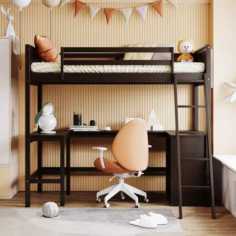 Lit mezzanine en bois, simple, avec étagères et bureau - ModernLuxe