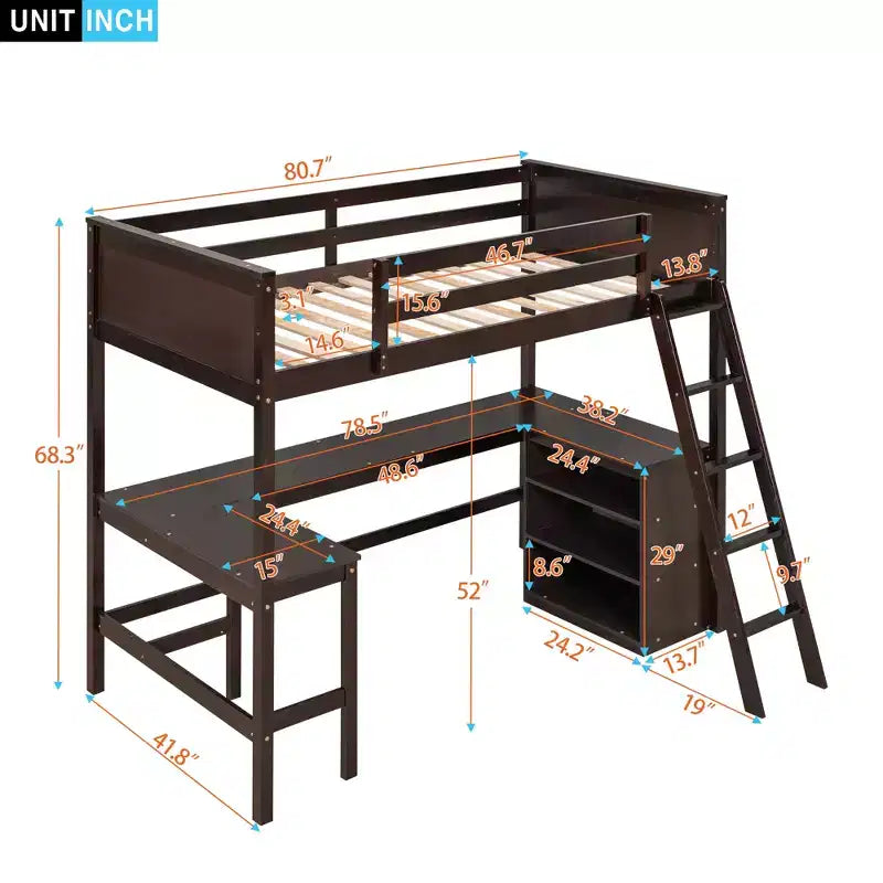 Lit mezzanine en bois, simple, avec étagères et bureau - ModernLuxe