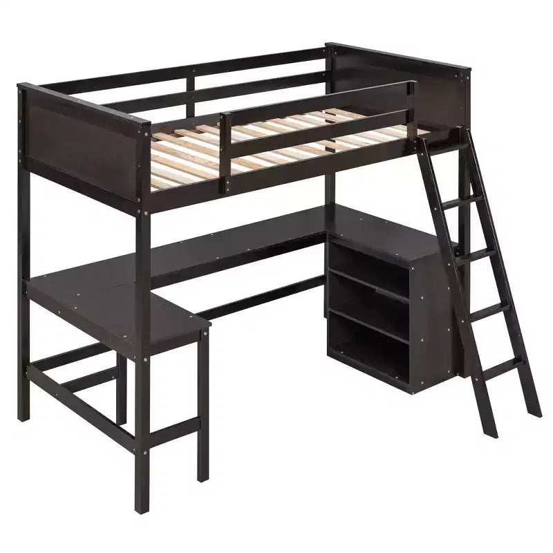 Lit mezzanine en bois, simple, avec étagères et bureau - ModernLuxe