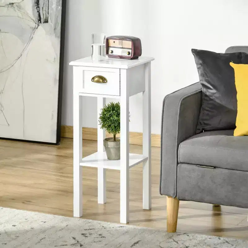 HOMCOM Table d'appoint à 2 niveaux avec tiroir, Table de bout étroite avec étagère inférieure, pour Salon ou Chambre à coucher, Lot de 2, Blanc