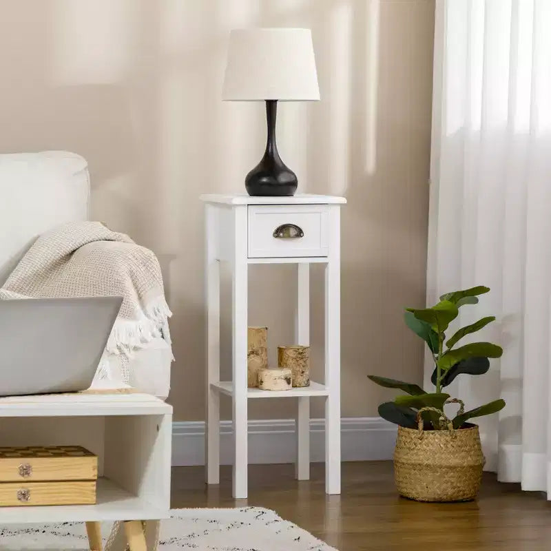 HOMCOM Table d'appoint à 2 niveaux avec tiroir, Table de bout étroite avec étagère inférieure, pour Salon ou Chambre à coucher, Lot de 2, Blanc