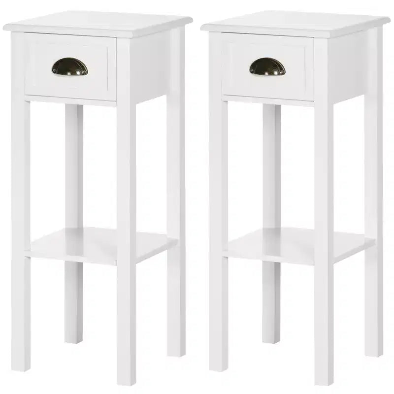 HOMCOM Table d'appoint à 2 niveaux avec tiroir, Table de bout étroite avec étagère inférieure, pour Salon ou Chambre à coucher, Lot de 2, Blanc