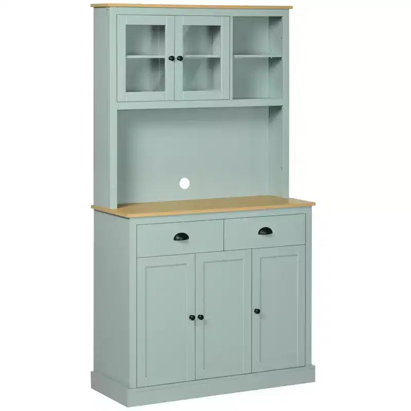 HOMCOM 71 Freestanding Pantry, Kitchen Buffet with Hutch, Modern Storage Cabinet with Drawers, Glass Doors, and Adjustable Shelves, Light Green