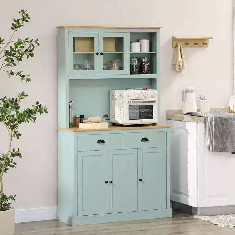 HOMCOM Garde-manger autoportant de 180 cm, Buffet de cuisine avec vitrine, Armoire de rangement moderne avec tiroirs, portes vitrées et étagères réglables, Vert clair
