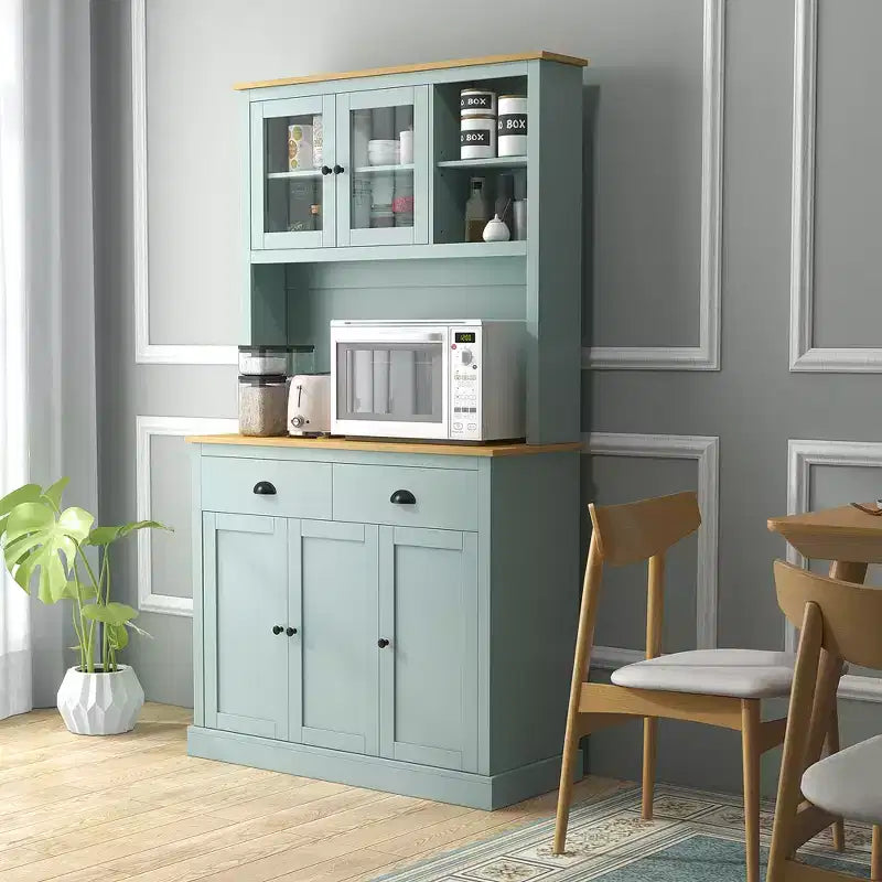 HOMCOM Garde-manger autoportant de 180 cm, Buffet de cuisine avec vitrine, Armoire de rangement moderne avec tiroirs, portes vitrées et étagères réglables, Vert clair