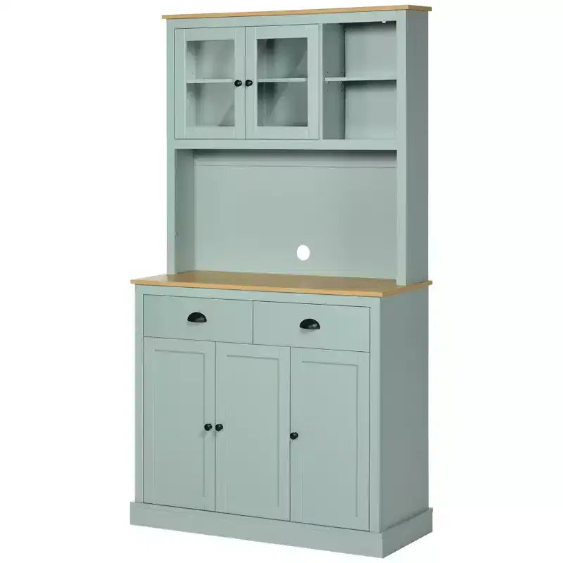HOMCOM Garde-manger autoportant de 180 cm, Buffet de cuisine avec vitrine, Armoire de rangement moderne avec tiroirs, portes vitrées et étagères réglables, Vert clair