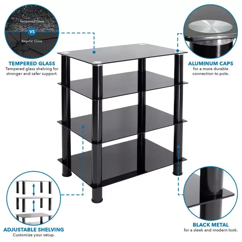 Mount-It! Meuble TV/Hi-Fi en verre trempé avec 4 étagères, capacité de 40 kg, Noir