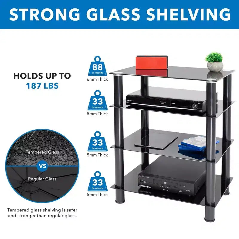 Mount-It! Meuble TV/Hi-Fi en verre trempé avec 4 étagères, capacité de 40 kg, Noir