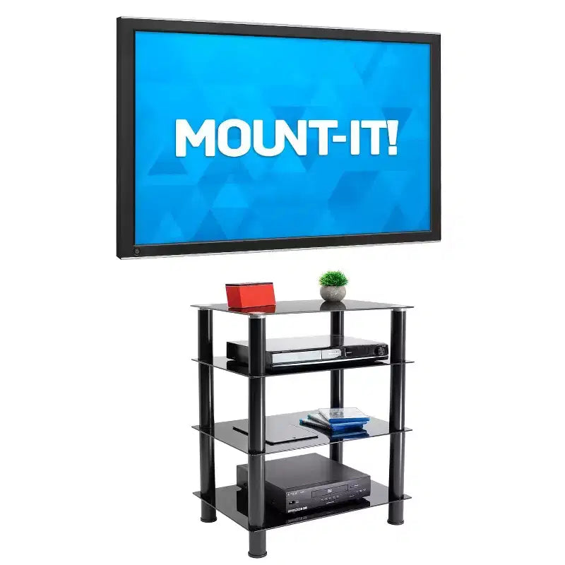 Mount-It! Meuble TV/Hi-Fi en verre trempé avec 4 étagères, capacité de 40 kg, Noir