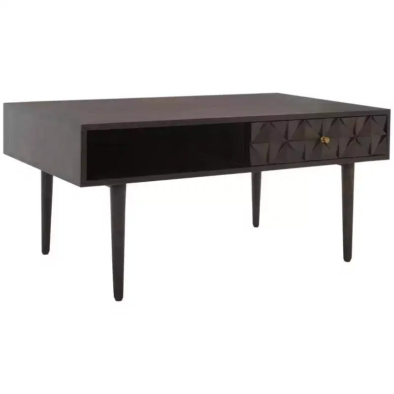 Table basse avec étagère ouverte et tiroir sculpté, finition noyer