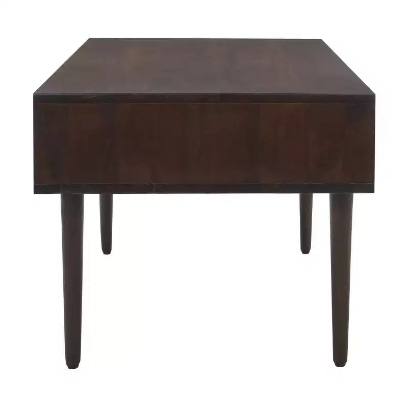 Table basse avec étagère ouverte et tiroir sculpté, finition noyer