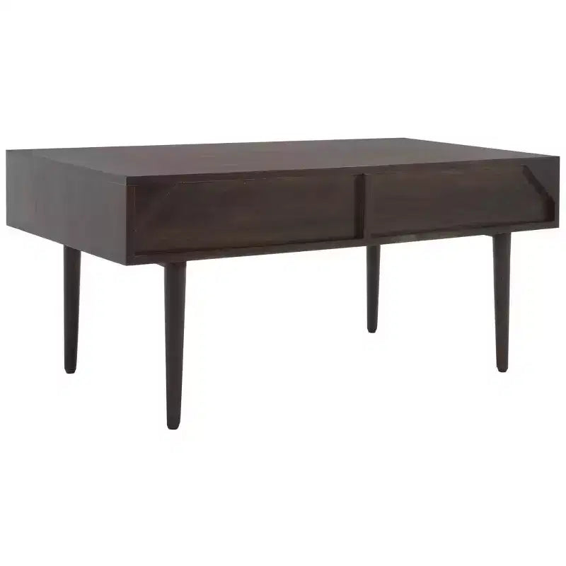 Table basse avec étagère ouverte et tiroir sculpté, finition noyer