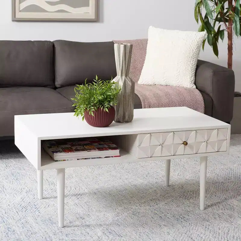 Table basse avec étagère ouverte et tiroir sculpté, finition noyer