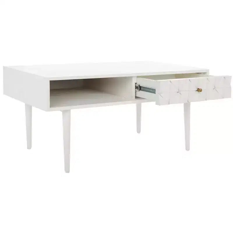 Table basse avec étagère ouverte et tiroir sculpté, finition noyer