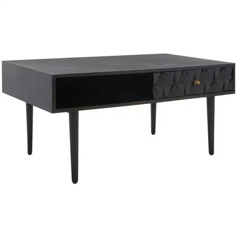 Table basse avec étagère ouverte et tiroir sculpté, finition noyer