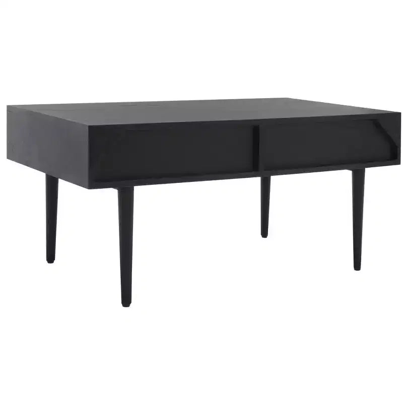 Table basse avec étagère ouverte et tiroir sculpté, finition noyer