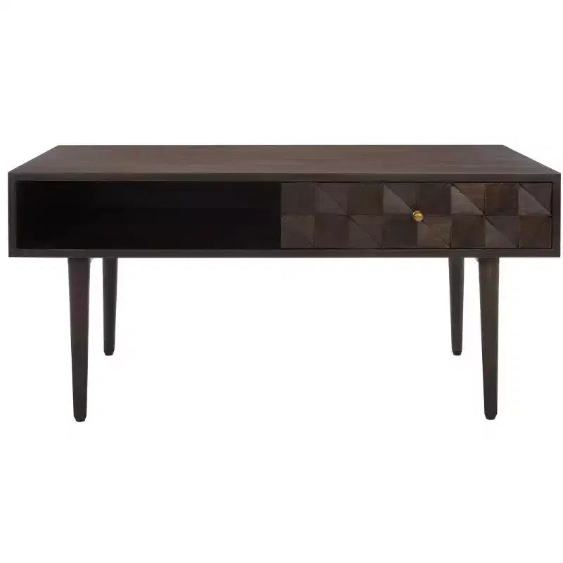 Table basse avec étagère ouverte et tiroir sculpté, finition noyer