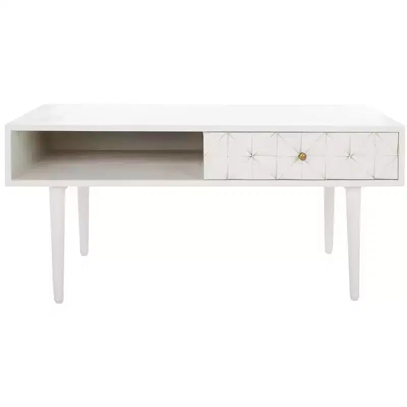 Table basse avec étagère ouverte et tiroir sculpté, finition noyer
