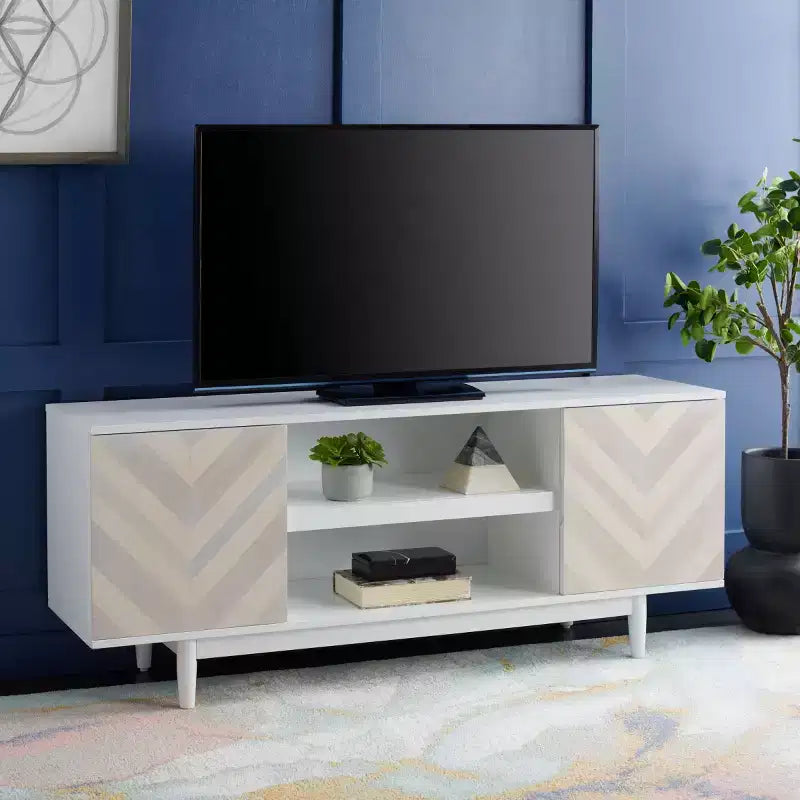 Meuble TV 2 étagères, finition blanchie