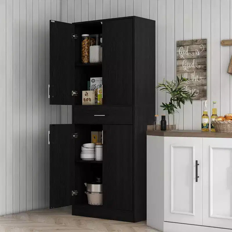Meuble de rangement de cuisine de 70,75 pouces avec tiroir et étagère réglable, armoire de rangement haute autoportante avec 2 doubles portes, noir vieilli