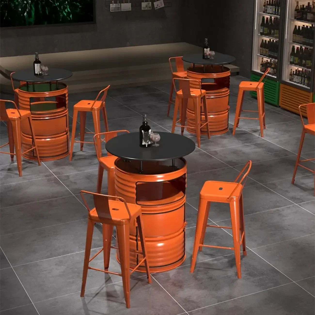 Tables de bar de rangement en fûts métalliques industriels noirs et orange